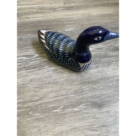 Vintage Mexican Art Pottery TONALA With Brass Duck 9” x 5” Hand Painted - Picture 5 of 9